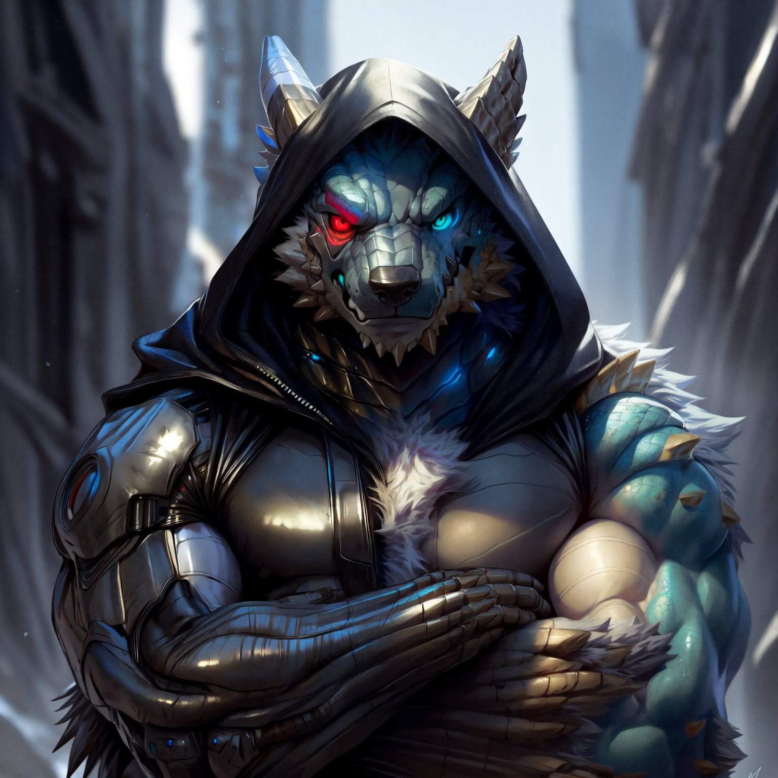 07286-1980878650-solo,anthro,furry male,grey wolf,male focus,(black hood_1.2),(crossed arms_1.2),red eyes,glowing,necklace,(looking at viewer_1.2.png